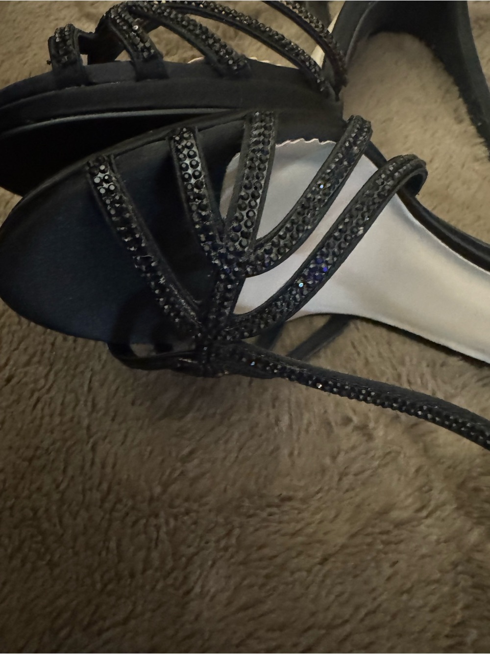 le chateau Brand New Sparkle Crystal Black Strappy T‑Bar Evening Satin Heels - Picture 4 of 15